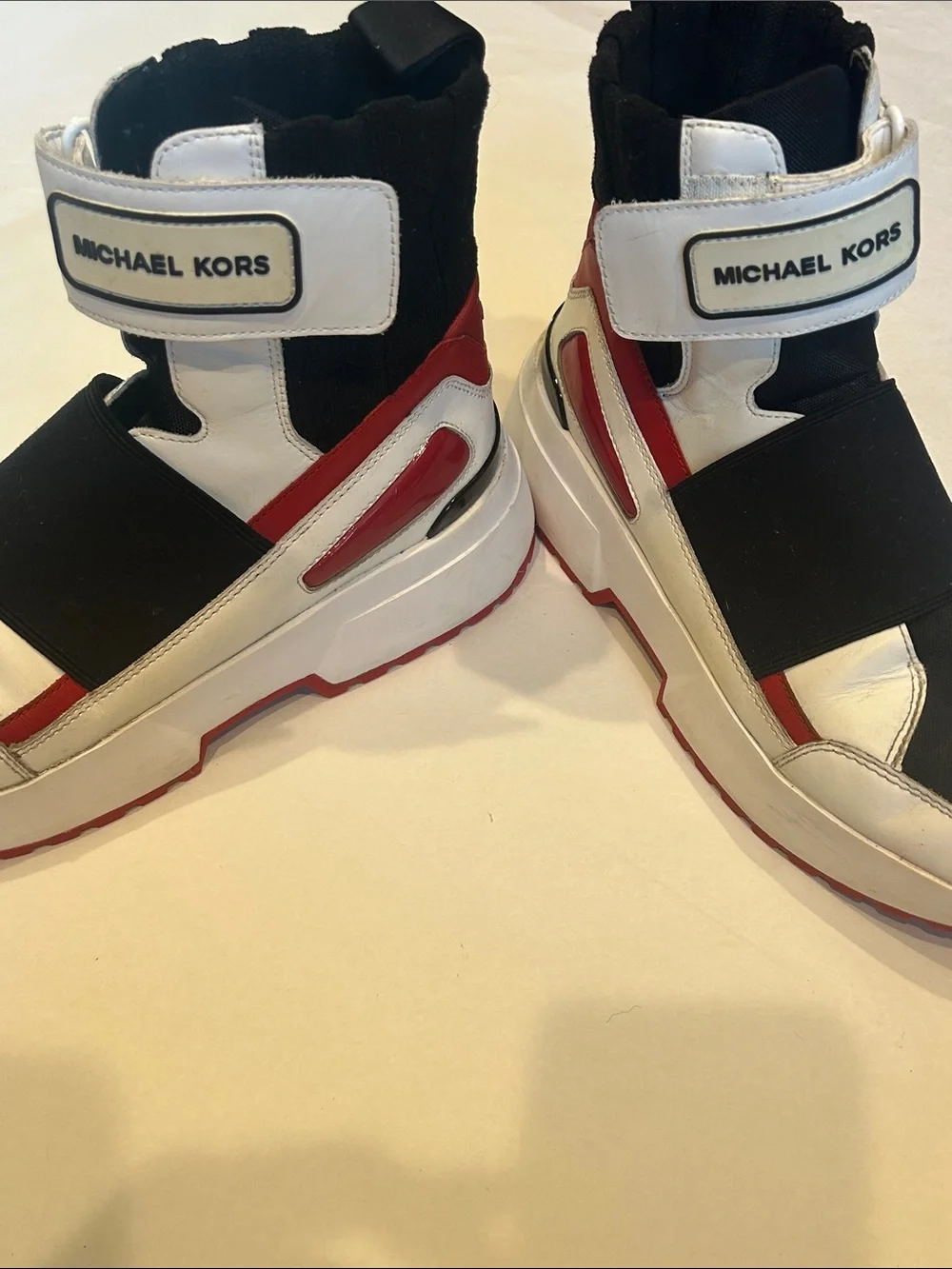 Michael Kors White, Black & Red High-Top Sneakers with Strap women’s size 9